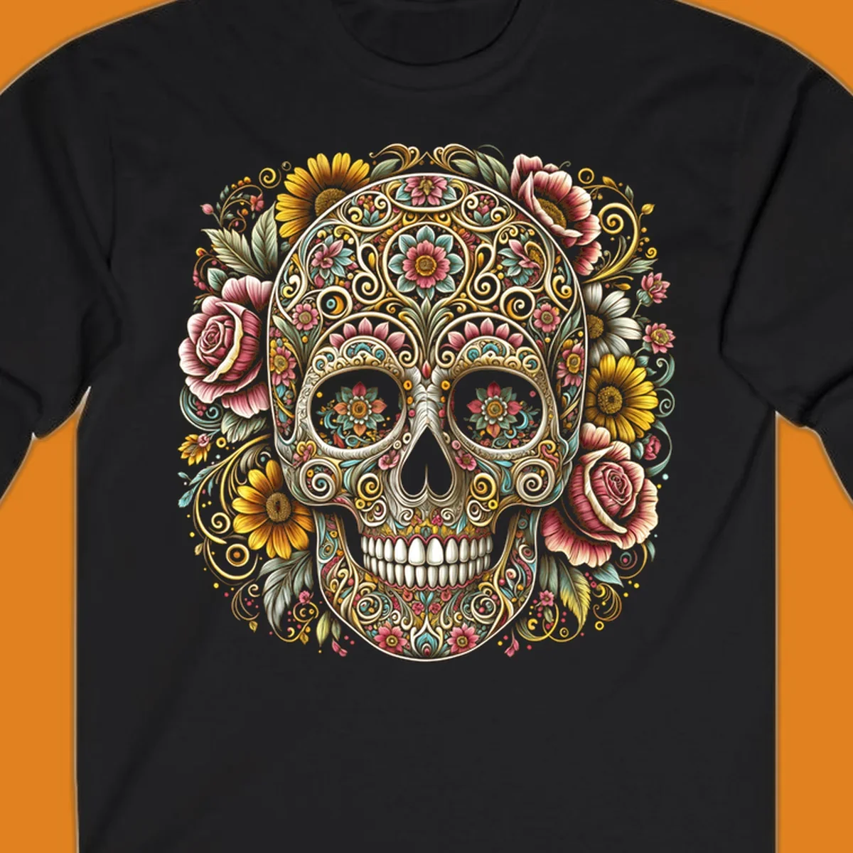 An intricately detailed and vibrantly colored floral-calavera-skull design, adorned with flowers and swirling patterns.