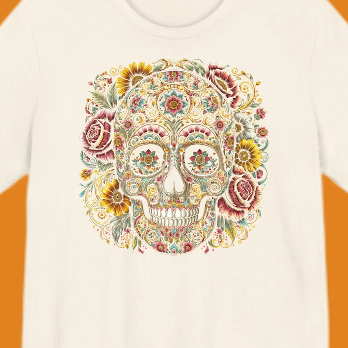 An intricately detailed and vibrantly colored floral-calavera-skull design, adorned with flowers and swirling patterns.