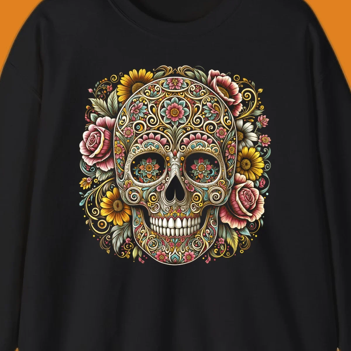 An intricately detailed and vibrantly colored floral-calavera-skull design, adorned with flowers and swirling patterns.