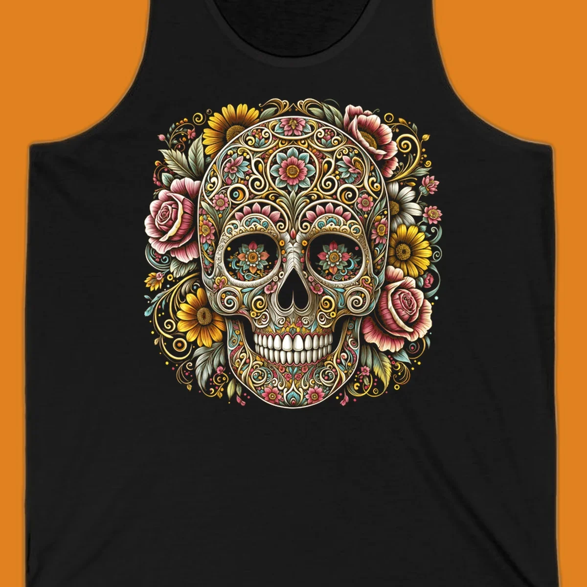 An intricately detailed and vibrantly colored floral-calavera-skull design, adorned with flowers and swirling patterns.