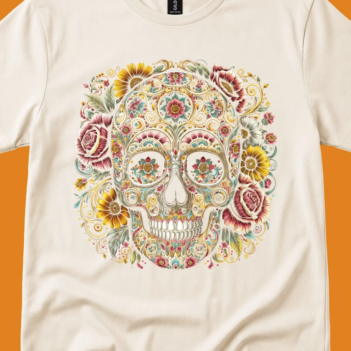 An intricately detailed and vibrantly colored floral-calavera-skull design, adorned with flowers and swirling patterns.