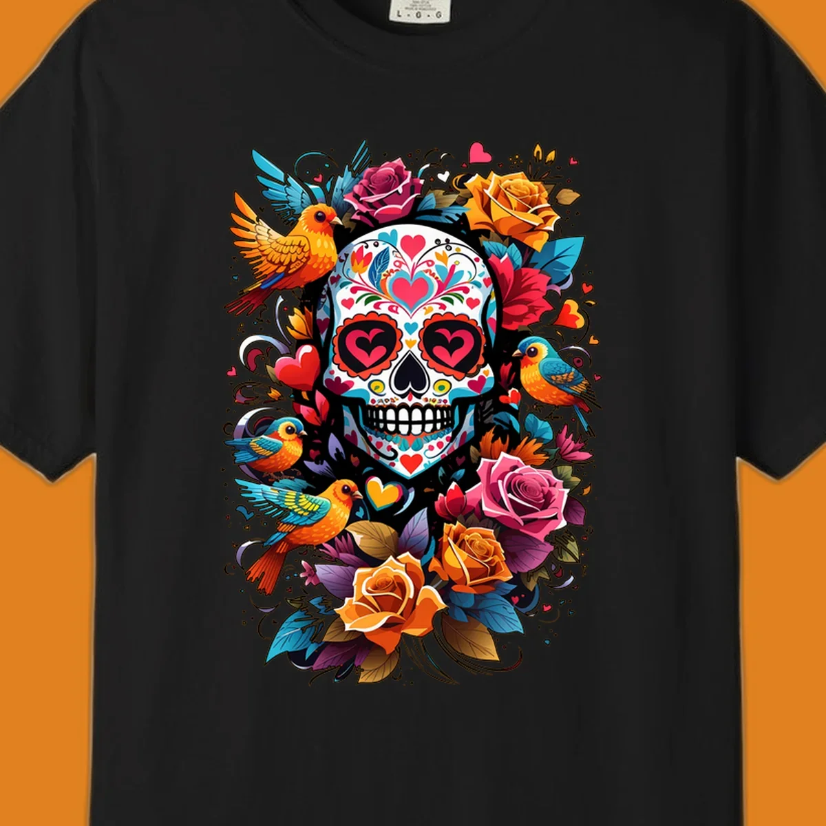 A vibrant folk-art-sugar-skull adorned with colorful hearts, surrounded by cheerful orange and blue birds and blooming roses.