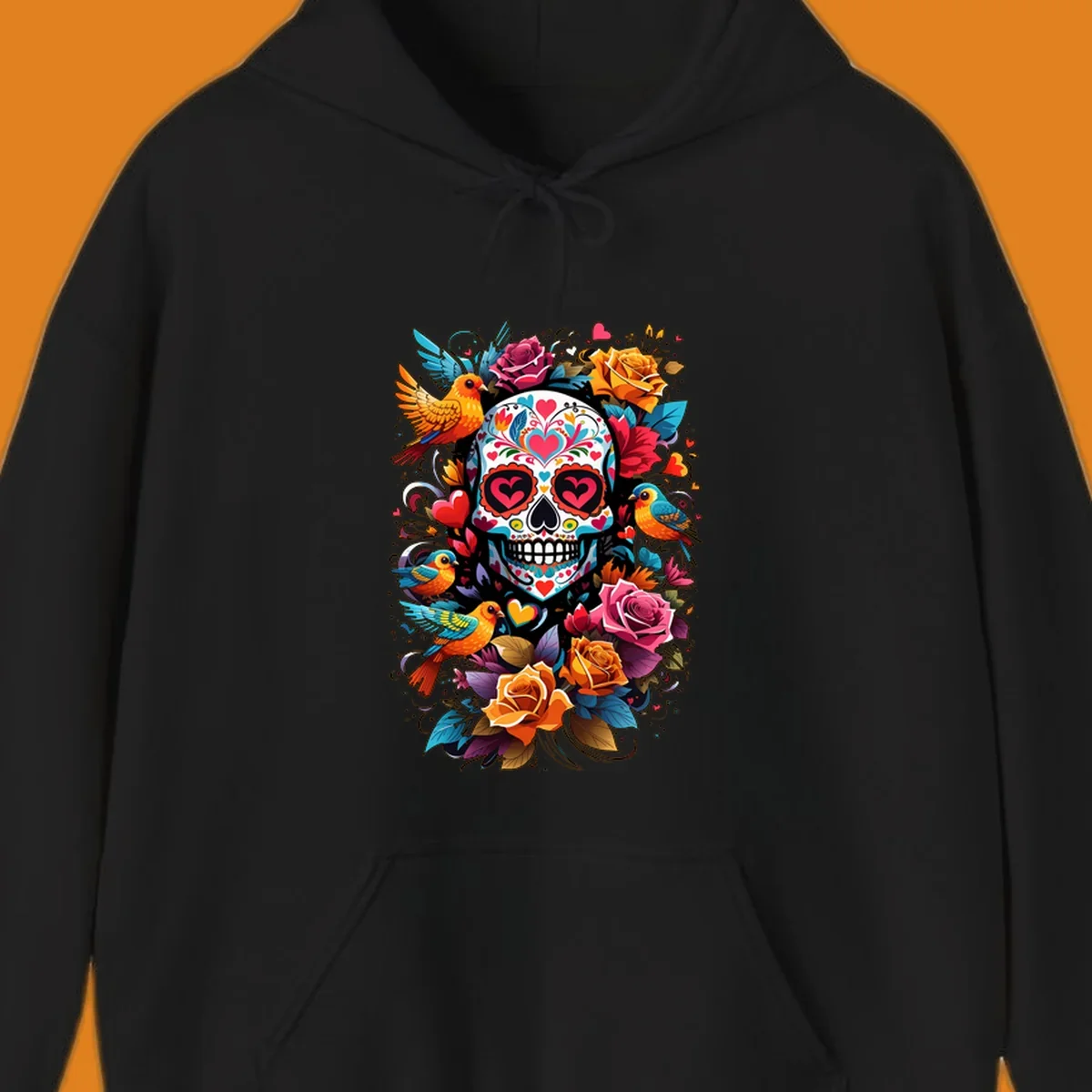 A vibrant folk-art-sugar-skull adorned with colorful hearts, surrounded by cheerful orange and blue birds and blooming roses.