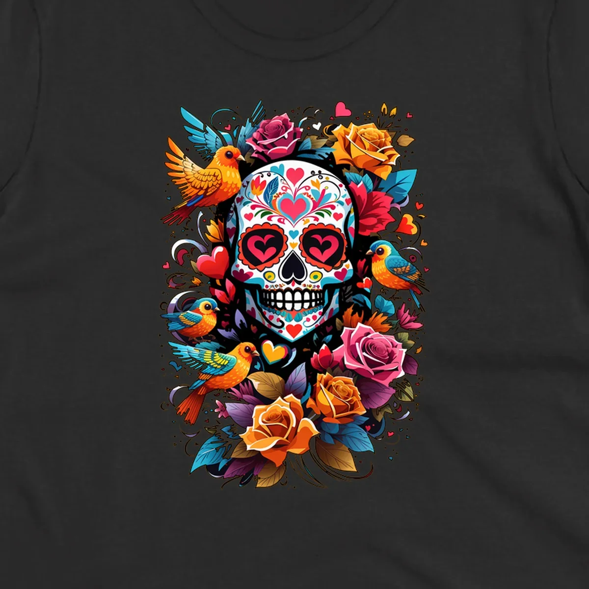 A vibrant folk-art-sugar-skull adorned with colorful hearts, surrounded by cheerful orange and blue birds and blooming roses.