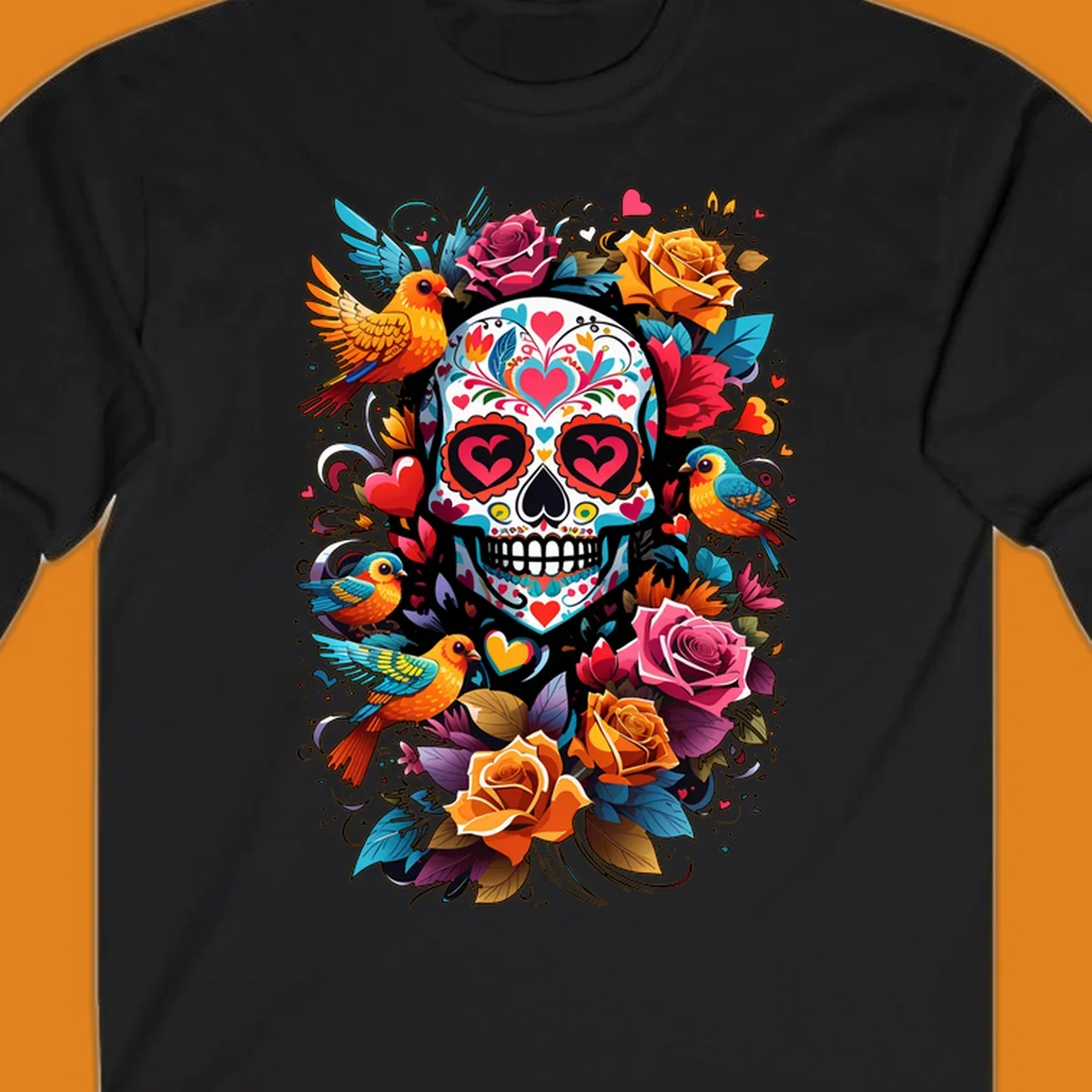 A vibrant folk-art-sugar-skull adorned with colorful hearts, surrounded by cheerful orange and blue birds and blooming roses.
