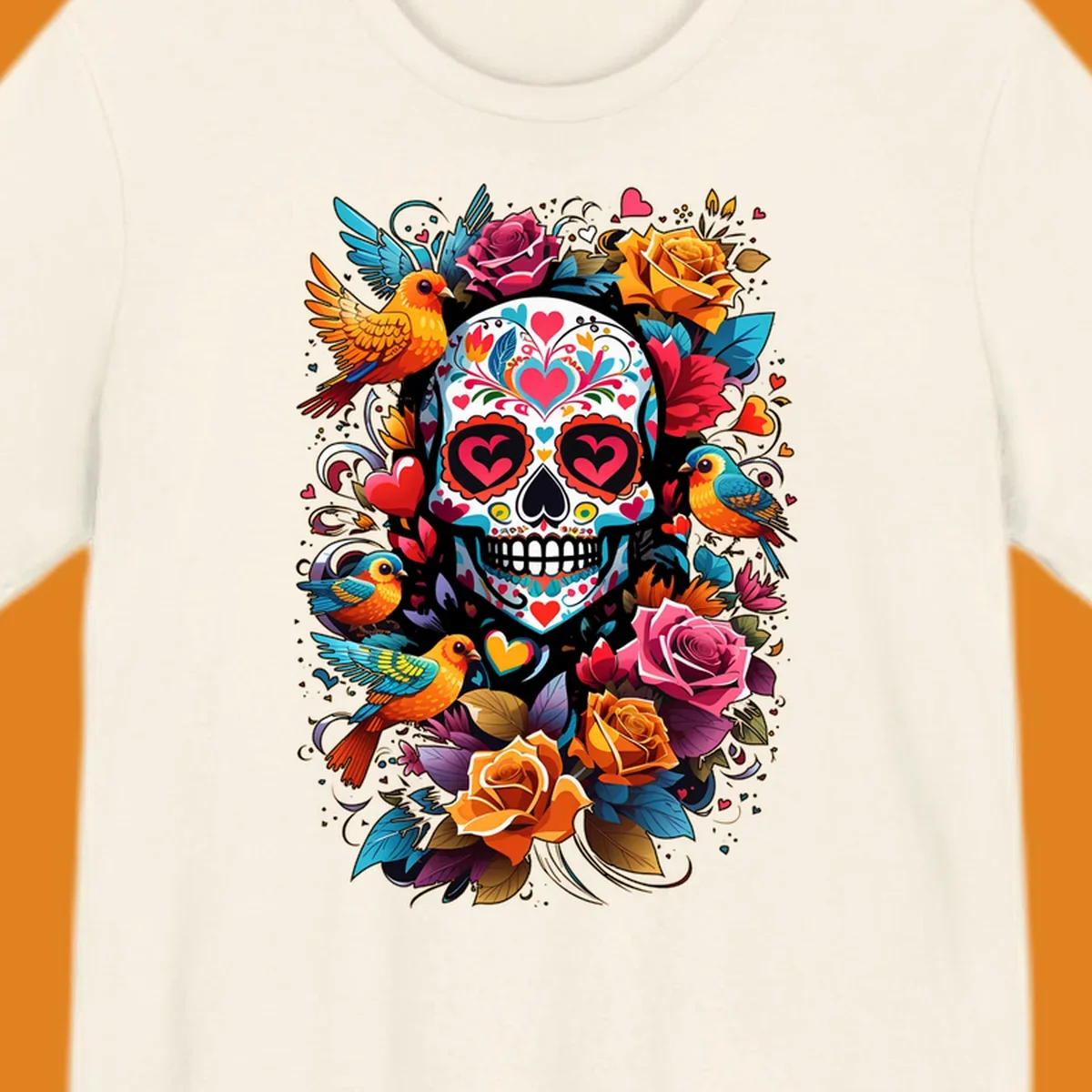 A vibrant folk-art-sugar-skull adorned with colorful hearts, surrounded by cheerful orange and blue birds and blooming roses.