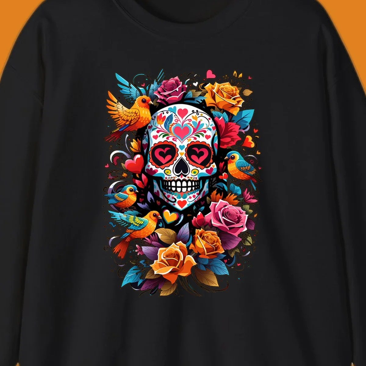 A vibrant folk-art-sugar-skull adorned with colorful hearts, surrounded by cheerful orange and blue birds and blooming roses.