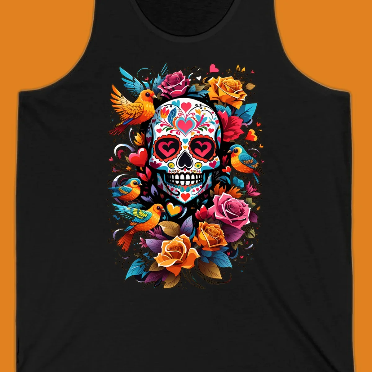 A vibrant folk-art-sugar-skull adorned with colorful hearts, surrounded by cheerful orange and blue birds and blooming roses.