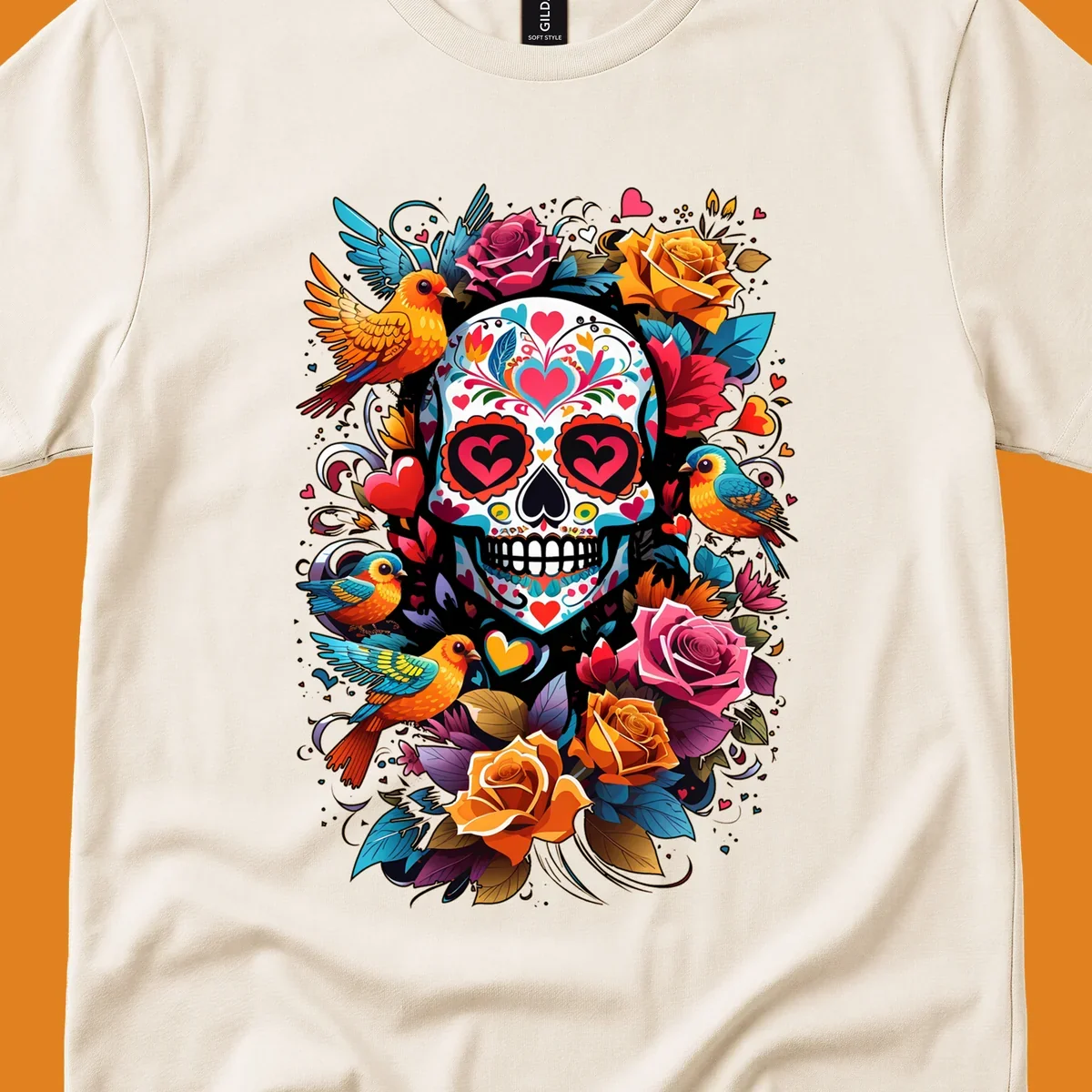 A vibrant folk-art-sugar-skull adorned with colorful hearts, surrounded by cheerful orange and blue birds and blooming roses.