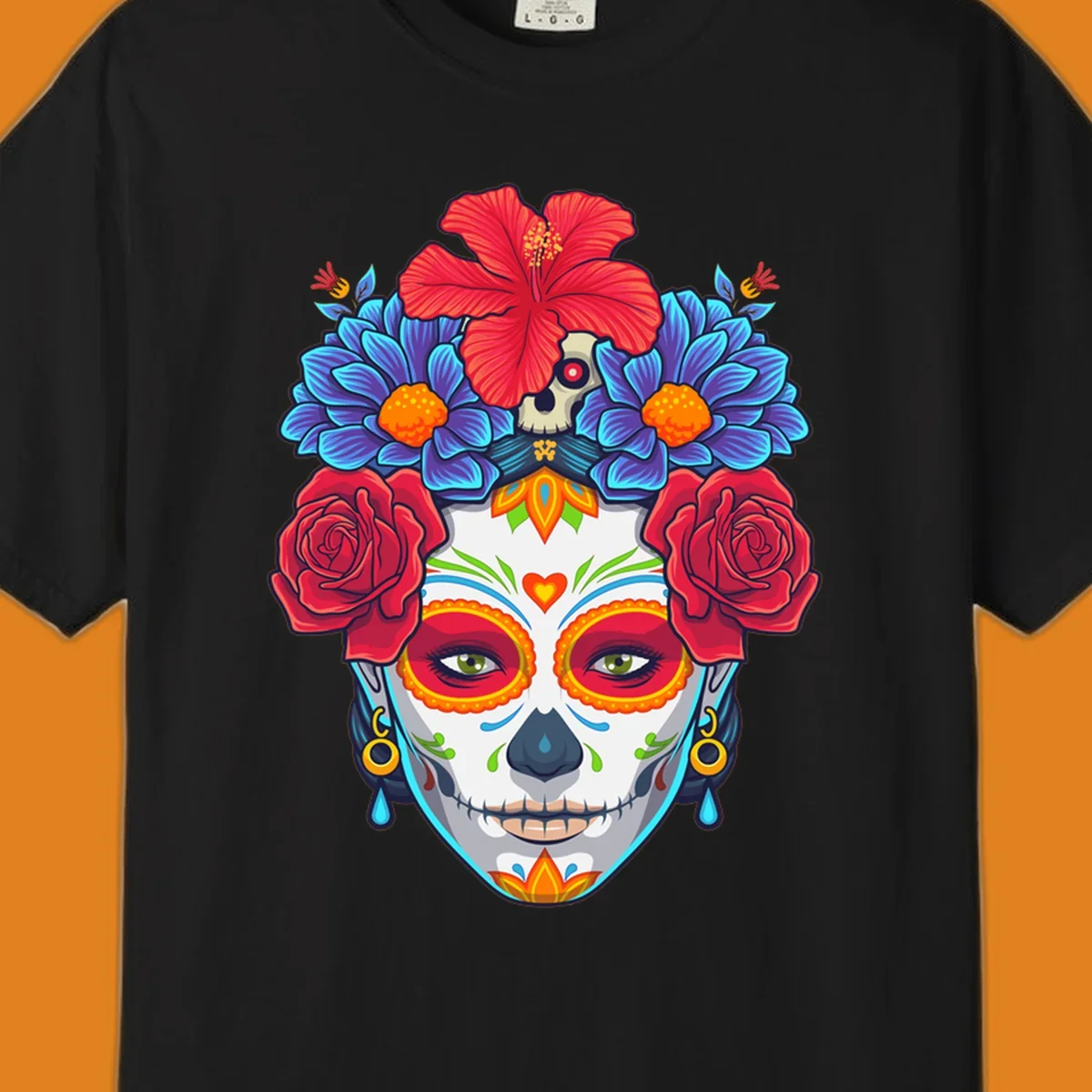 Vibrant floral Calavera Catrina sugar skull illustration with red roses, blue flowers, and a red hibiscus.