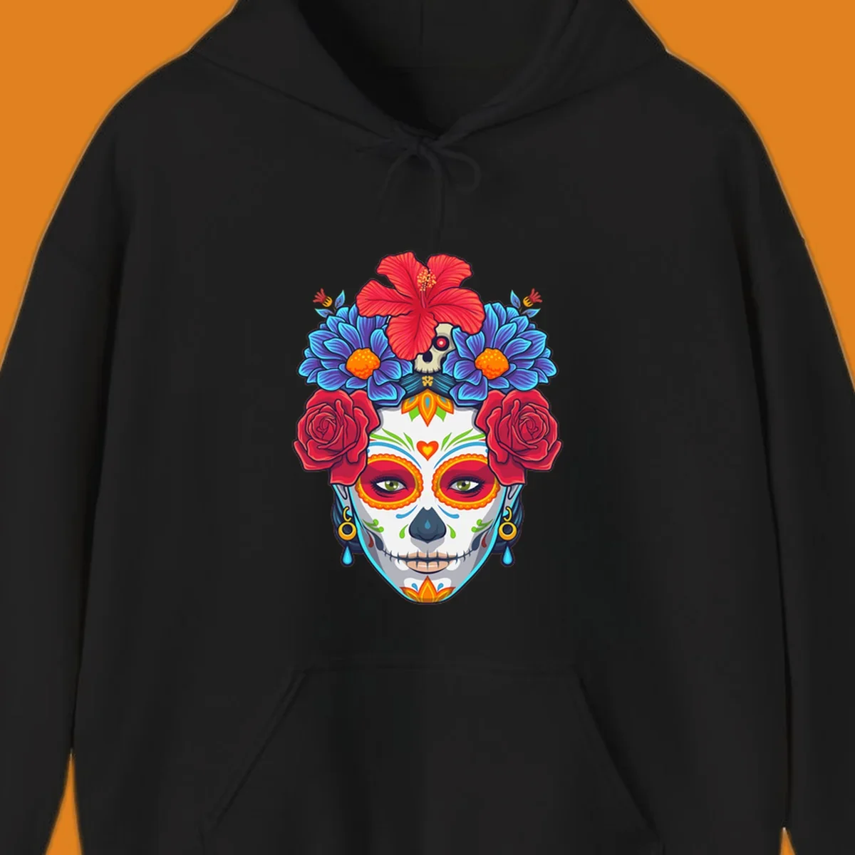 Vibrant floral Calavera Catrina sugar skull illustration with red roses, blue flowers, and a red hibiscus.
