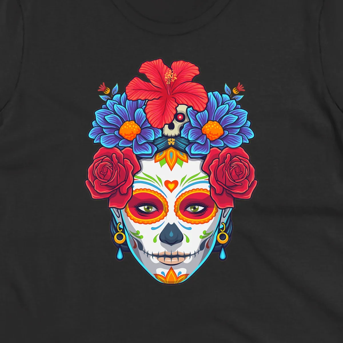 Vibrant floral Calavera Catrina sugar skull illustration with red roses, blue flowers, and a red hibiscus.