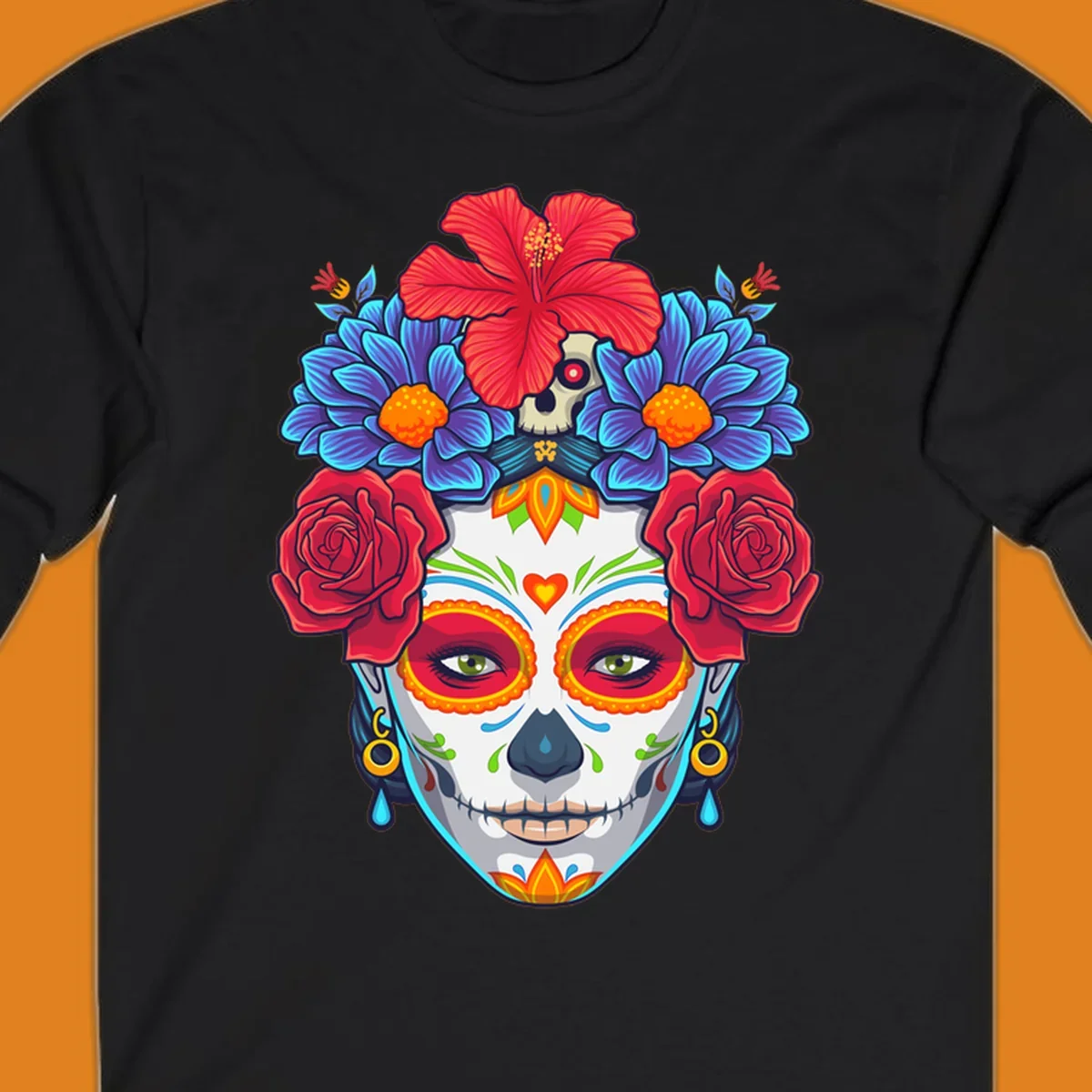 Vibrant floral Calavera Catrina sugar skull illustration with red roses, blue flowers, and a red hibiscus.