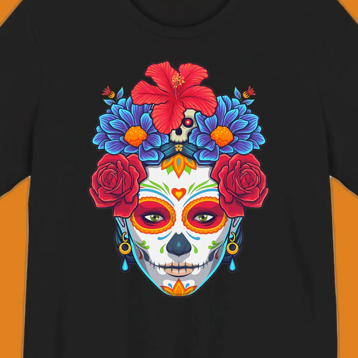Vibrant floral Calavera Catrina sugar skull illustration with red roses, blue flowers, and a red hibiscus.