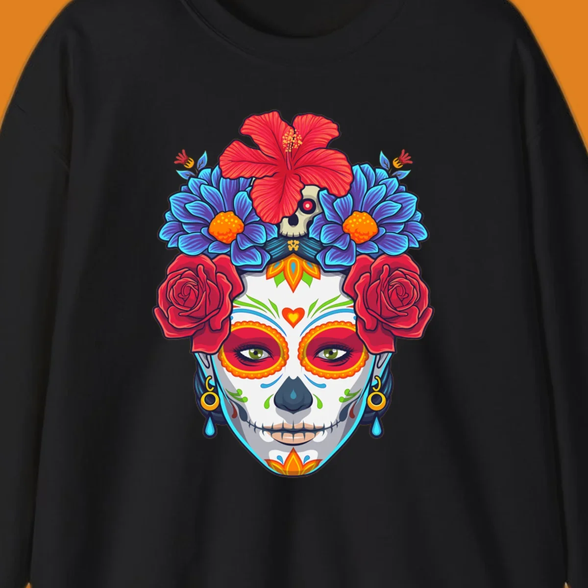 Vibrant floral Calavera Catrina sugar skull illustration with red roses, blue flowers, and a red hibiscus.