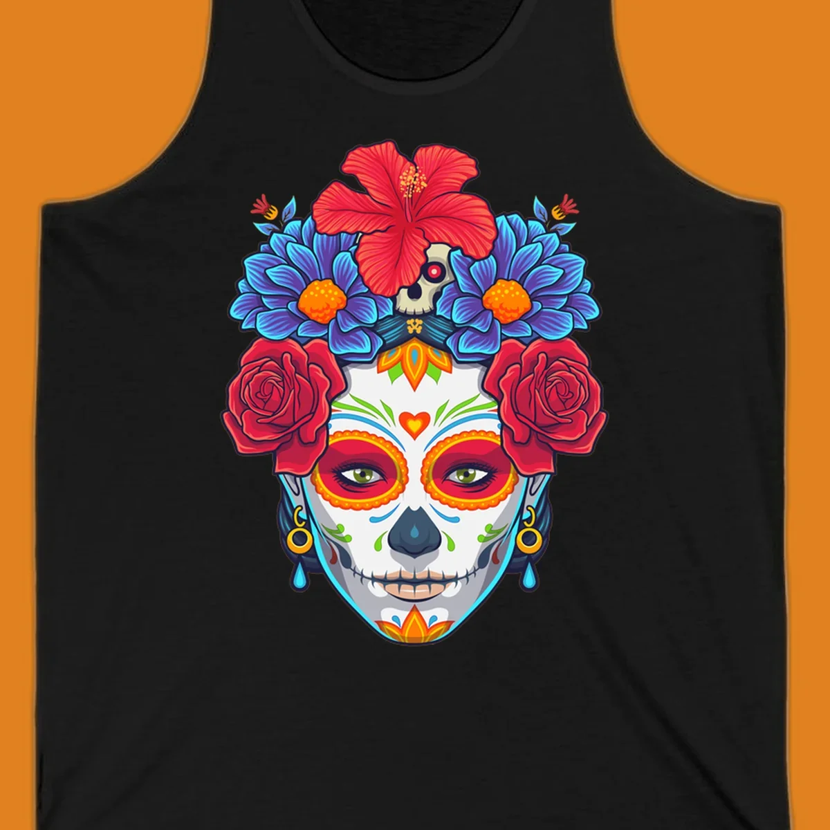 Vibrant floral Calavera Catrina sugar skull illustration with red roses, blue flowers, and a red hibiscus.