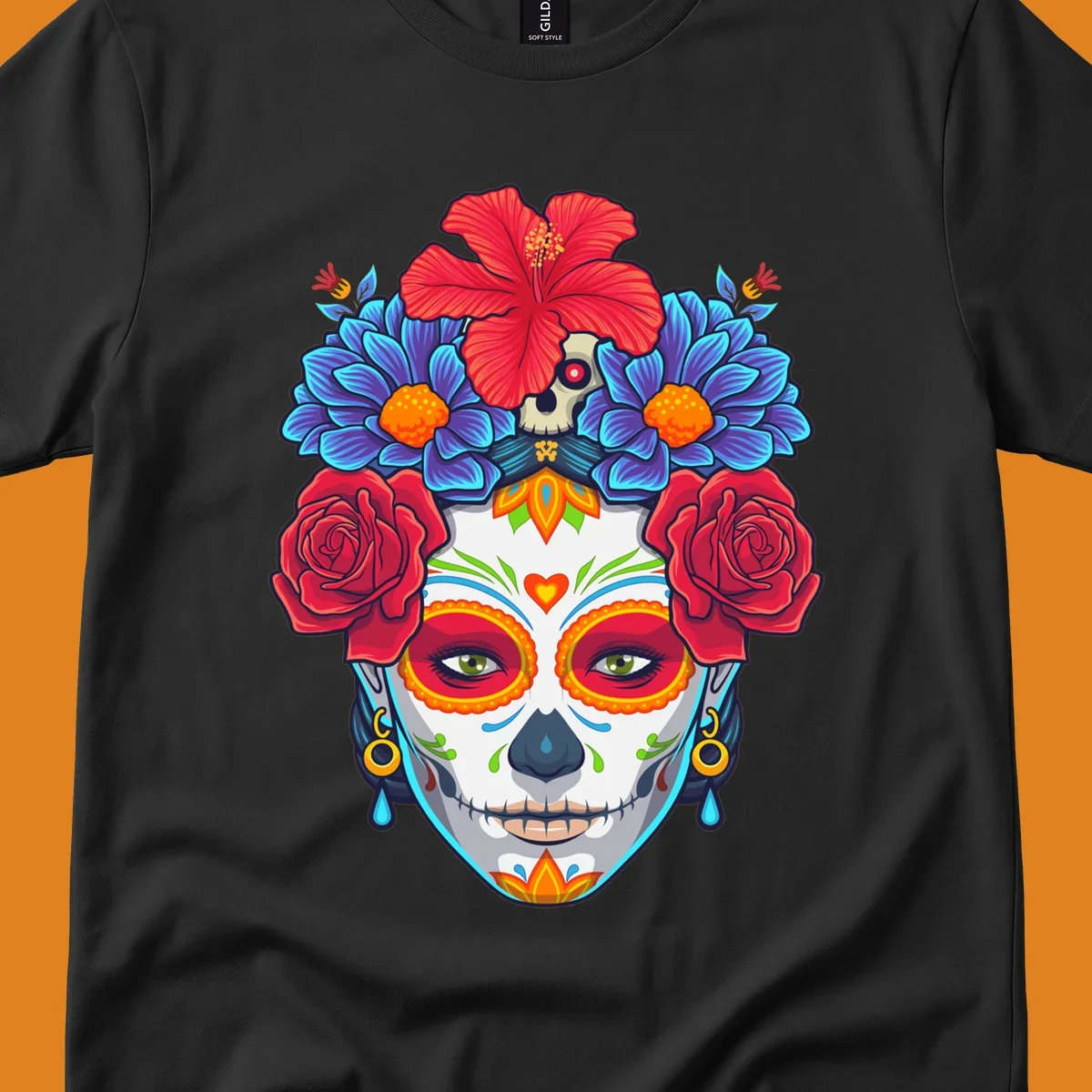 Vibrant floral Calavera Catrina sugar skull illustration with red roses, blue flowers, and a red hibiscus.