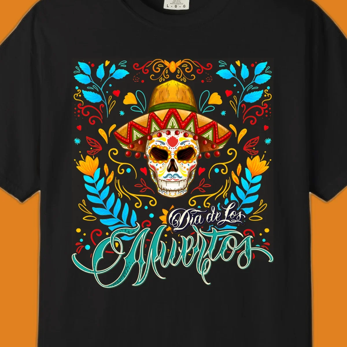 A vibrant Dia de los Muertos sugar skull in a sombrero and sunglasses, surrounded by colorful flowers and "Dia de Los Muertos" text.
