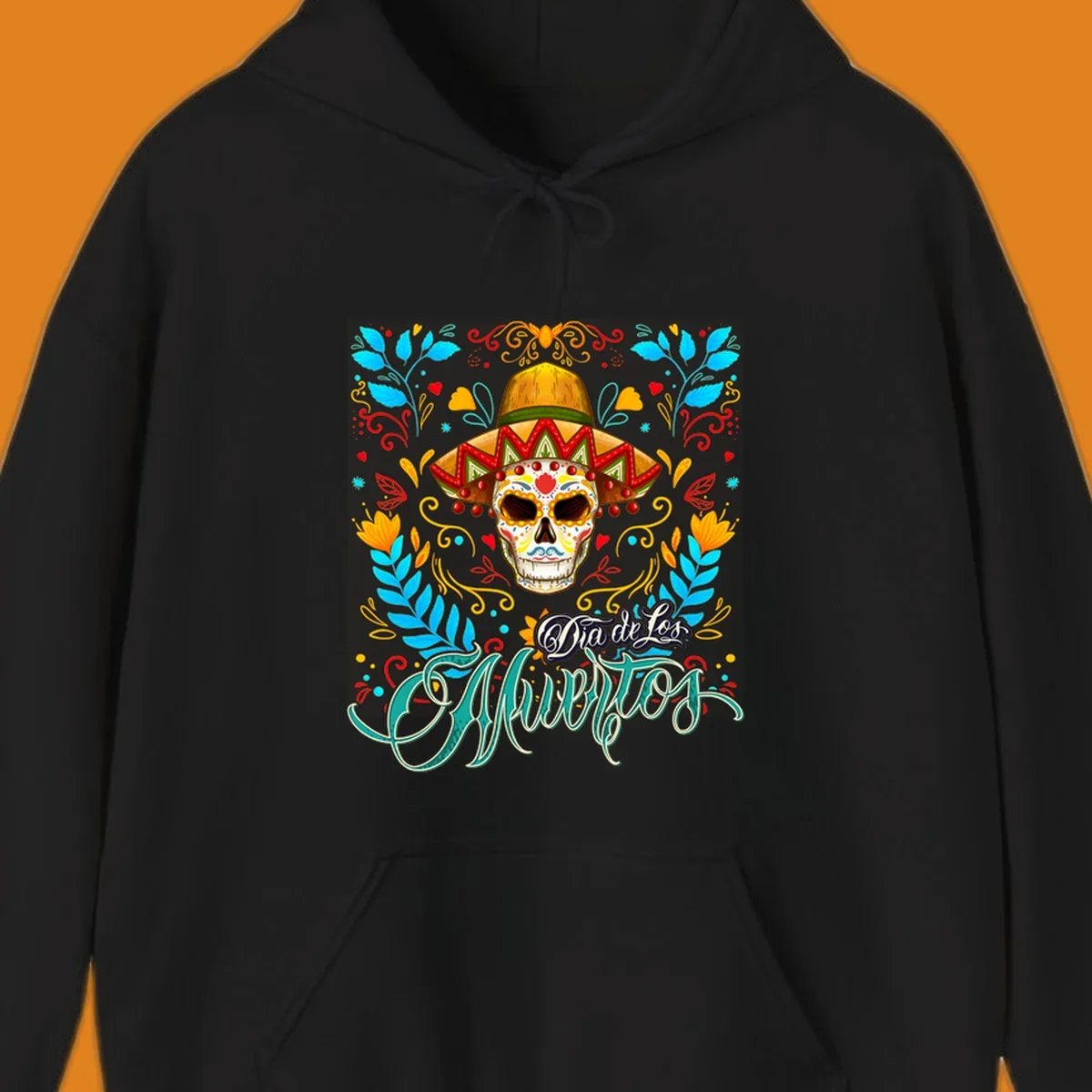 A vibrant Dia de los Muertos sugar skull in a sombrero and sunglasses, surrounded by colorful flowers and "Dia de Los Muertos" text.