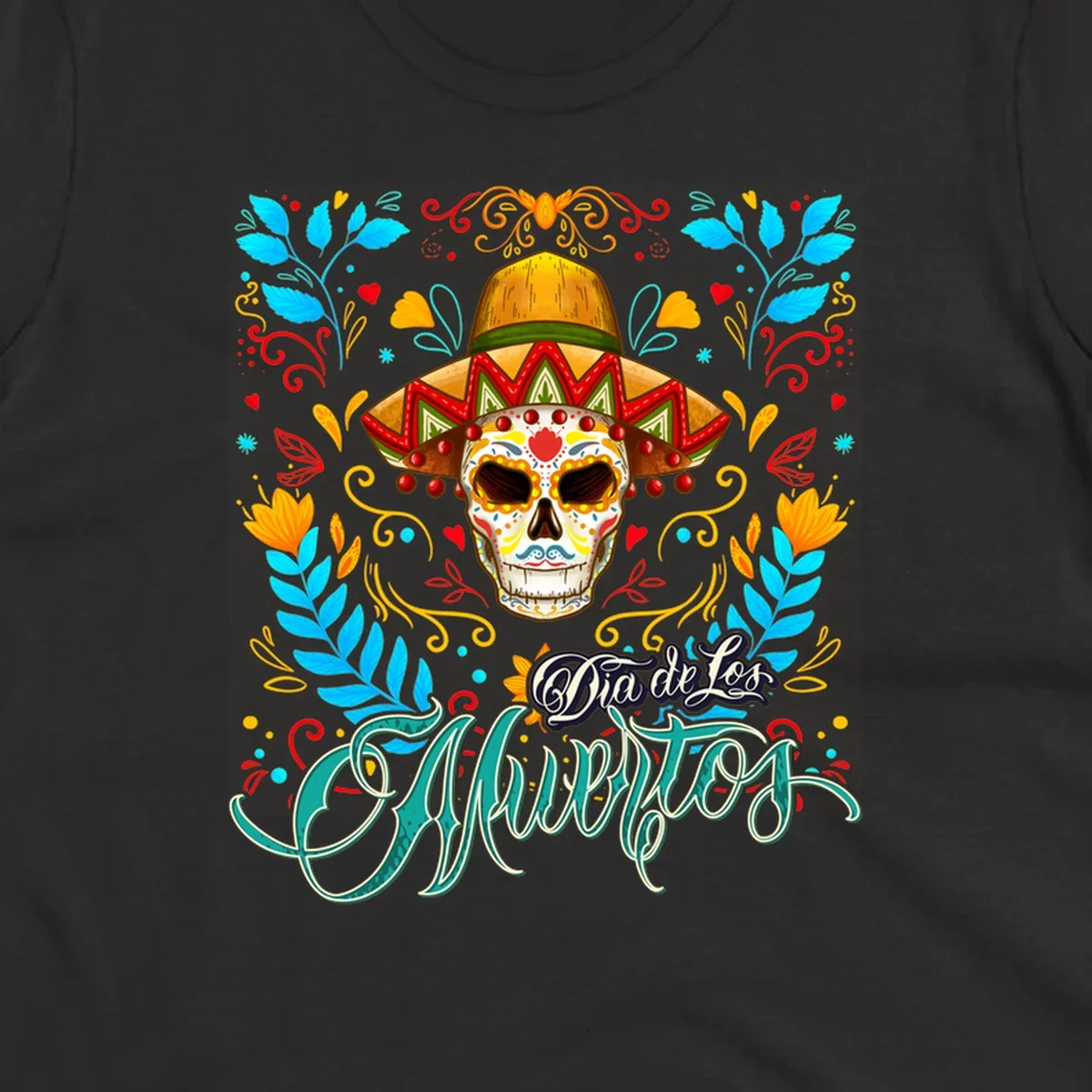 A vibrant Dia de los Muertos sugar skull in a sombrero and sunglasses, surrounded by colorful flowers and "Dia de Los Muertos" text.