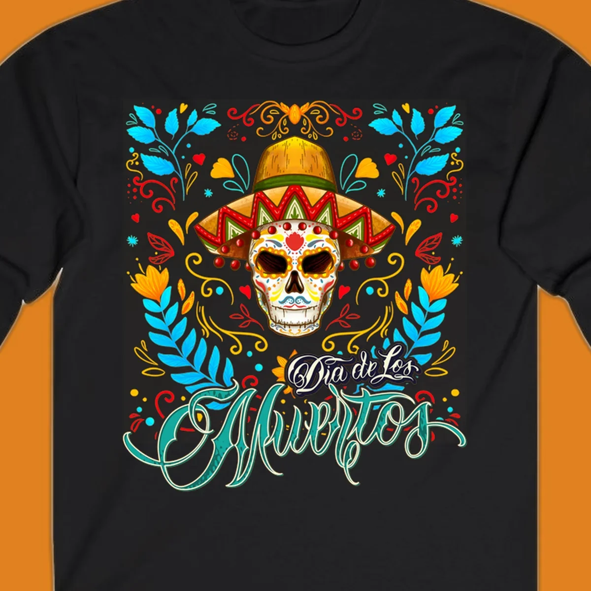 A vibrant Dia de los Muertos sugar skull in a sombrero and sunglasses, surrounded by colorful flowers and "Dia de Los Muertos" text.