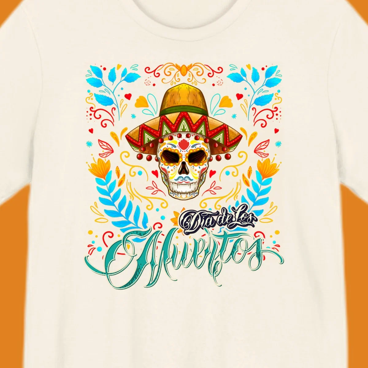 A vibrant Dia de los Muertos sugar skull in a sombrero and sunglasses, surrounded by colorful flowers and "Dia de Los Muertos" text.