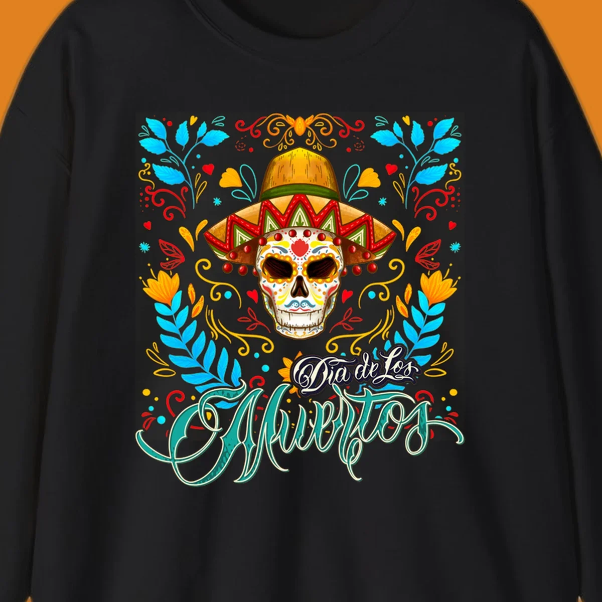 A vibrant Dia de los Muertos sugar skull in a sombrero and sunglasses, surrounded by colorful flowers and "Dia de Los Muertos" text.