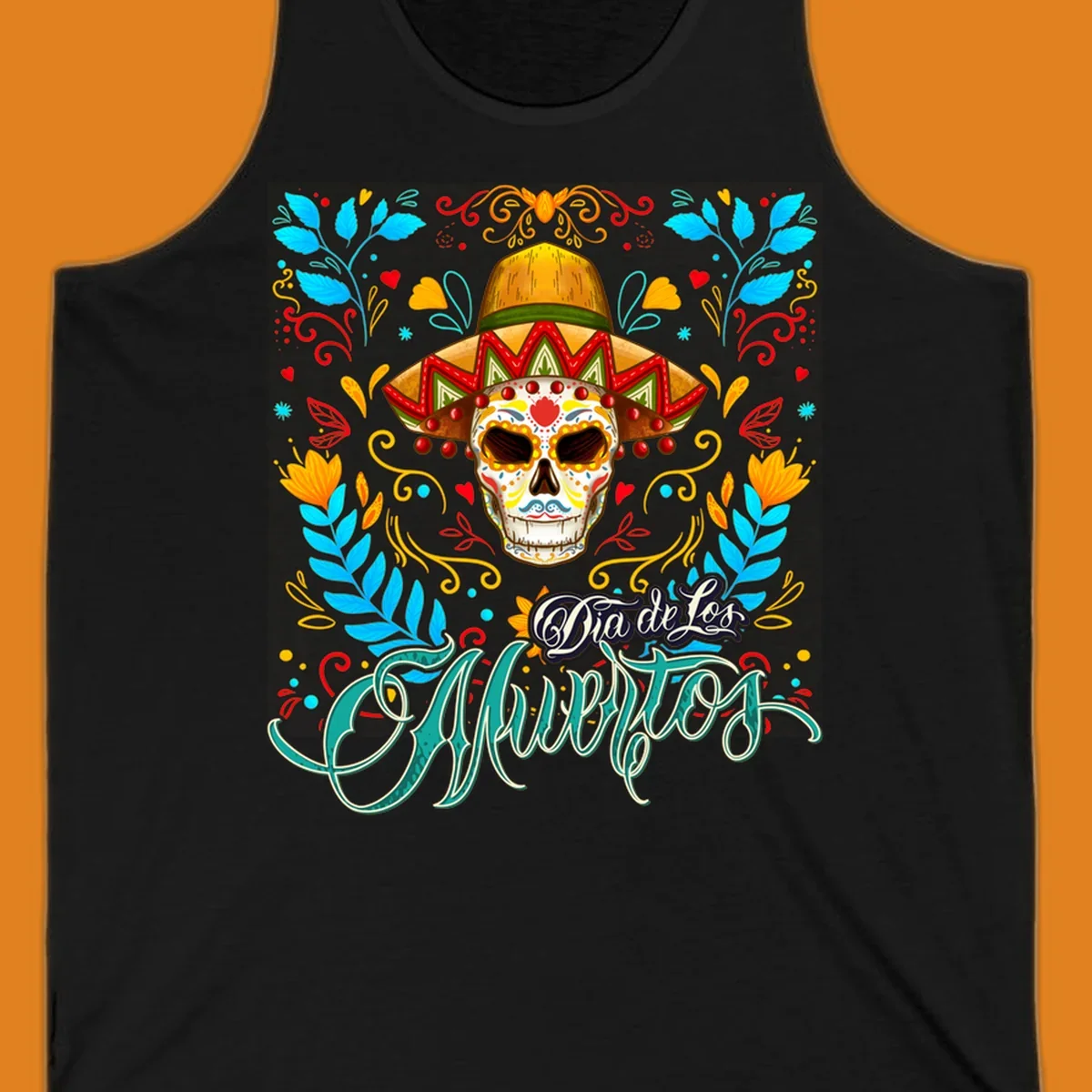 A vibrant Dia de los Muertos sugar skull in a sombrero and sunglasses, surrounded by colorful flowers and "Dia de Los Muertos" text.