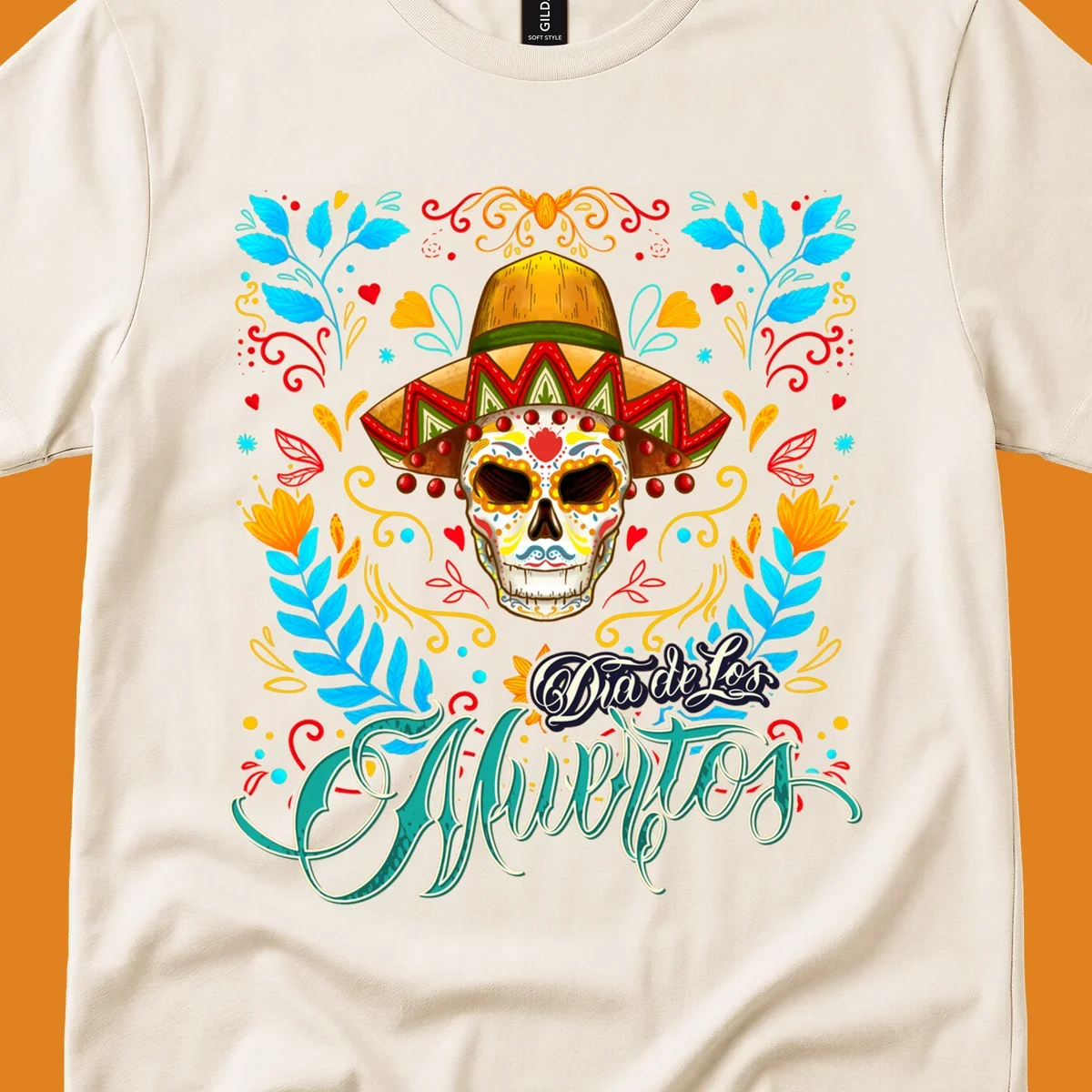 A vibrant Dia de los Muertos sugar skull in a sombrero and sunglasses, surrounded by colorful flowers and "Dia de Los Muertos" text.