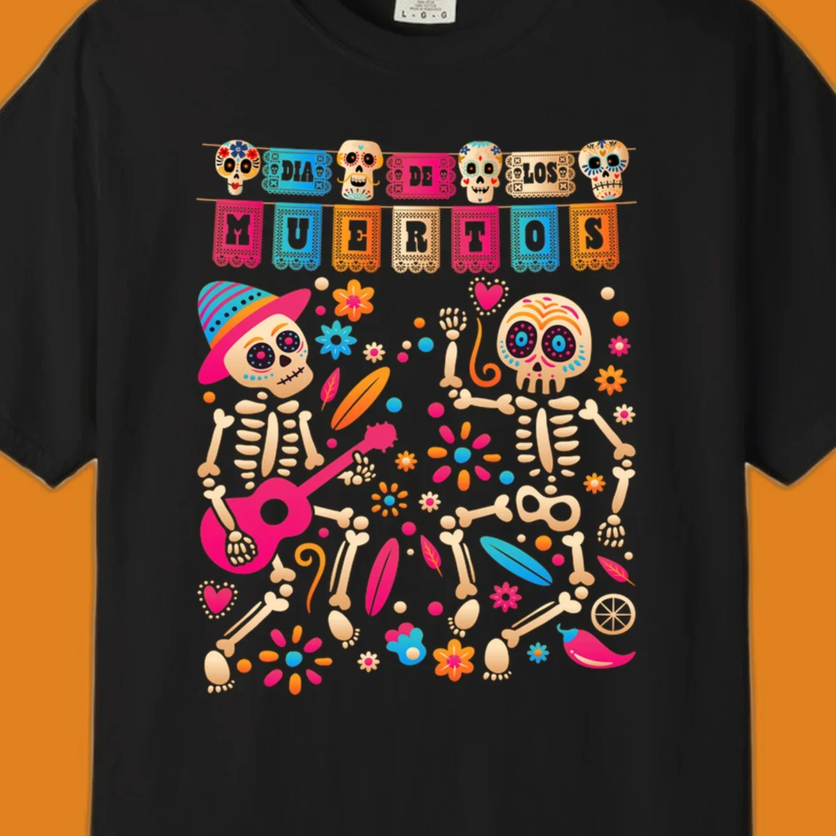 Colorful illustration of two festive Día de los Muertos skeletons, one playing a guitar, surrounded by flowers and banners.