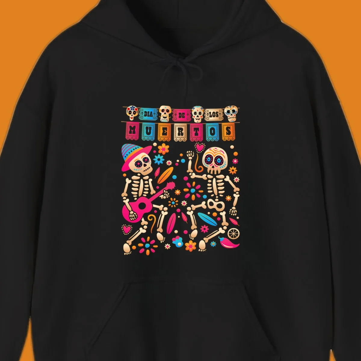 Colorful illustration of two festive Día de los Muertos skeletons, one playing a guitar, surrounded by flowers and banners.