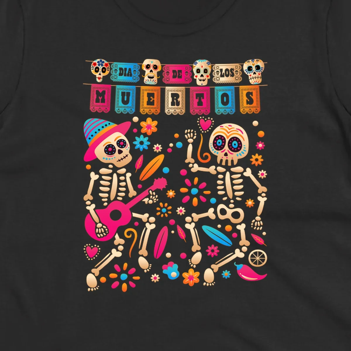Colorful illustration of two festive Día de los Muertos skeletons, one playing a guitar, surrounded by flowers and banners.