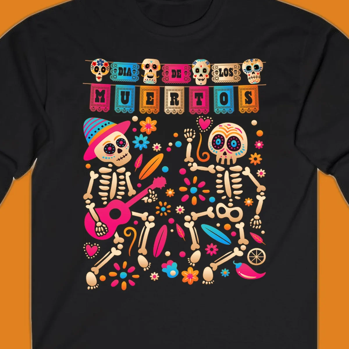 Colorful illustration of two festive Día de los Muertos skeletons, one playing a guitar, surrounded by flowers and banners.