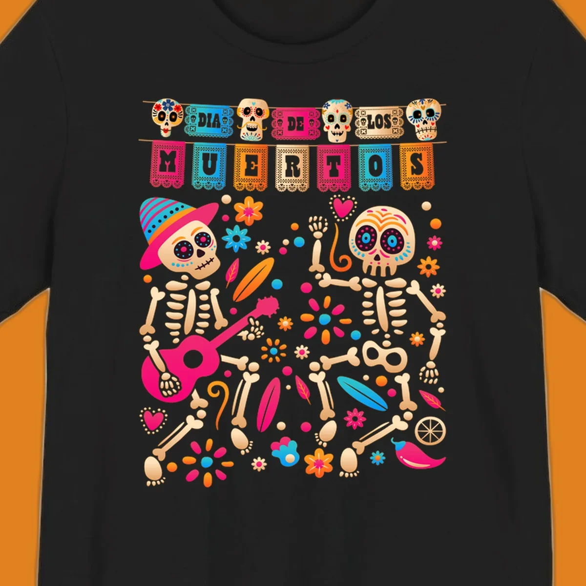 Colorful illustration of two festive Día de los Muertos skeletons, one playing a guitar, surrounded by flowers and banners.