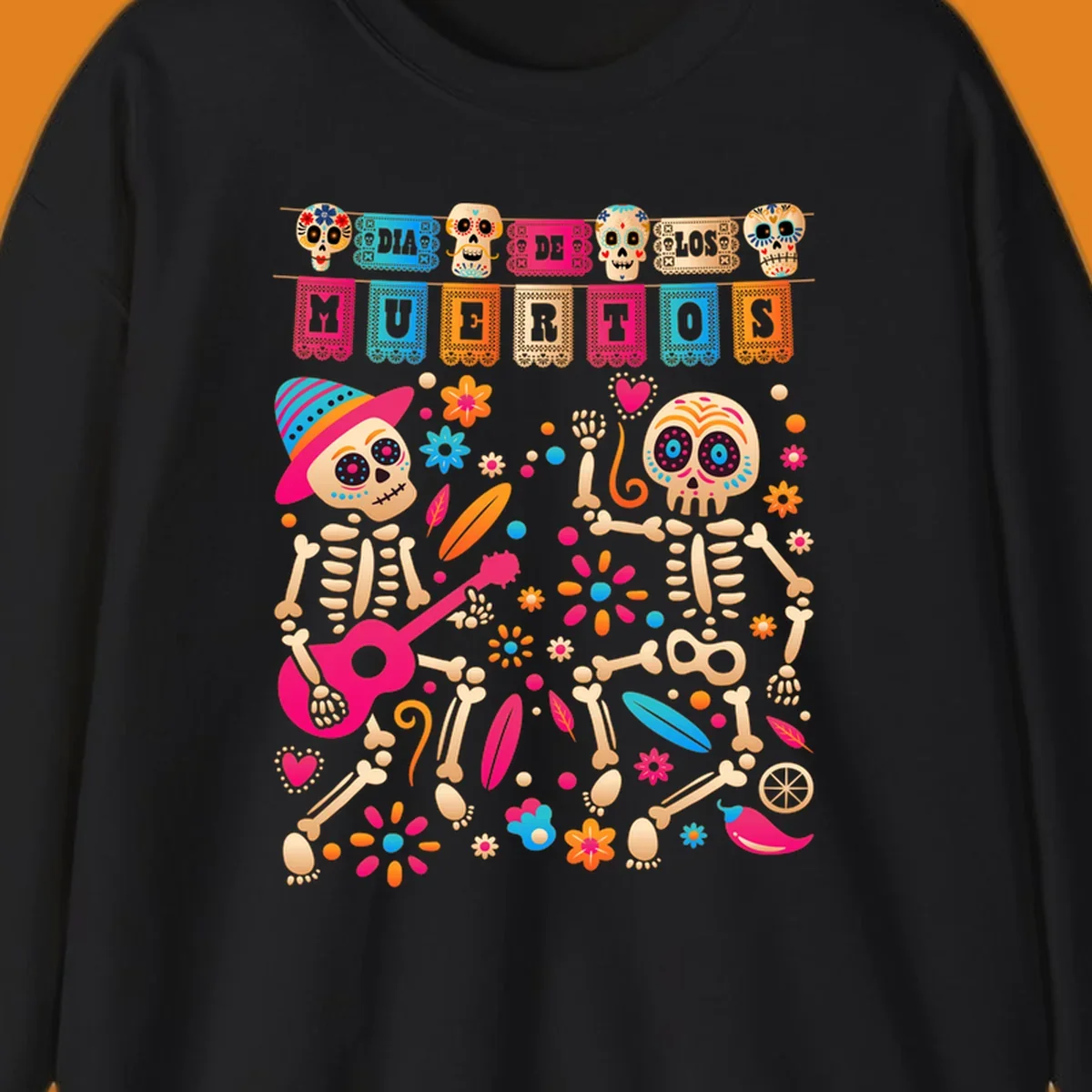 Colorful illustration of two festive Día de los Muertos skeletons, one playing a guitar, surrounded by flowers and banners.