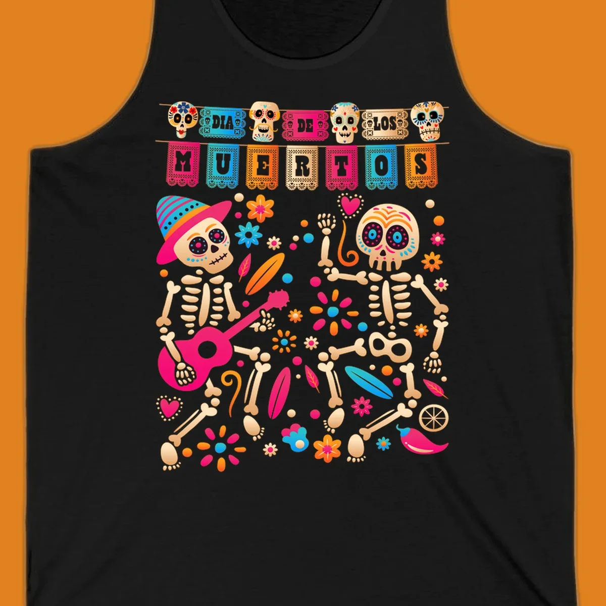 Colorful illustration of two festive Día de los Muertos skeletons, one playing a guitar, surrounded by flowers and banners.