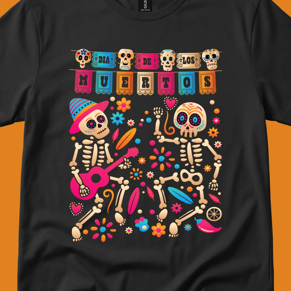 Colorful illustration of two festive Día de los Muertos skeletons, one playing a guitar, surrounded by flowers and banners.