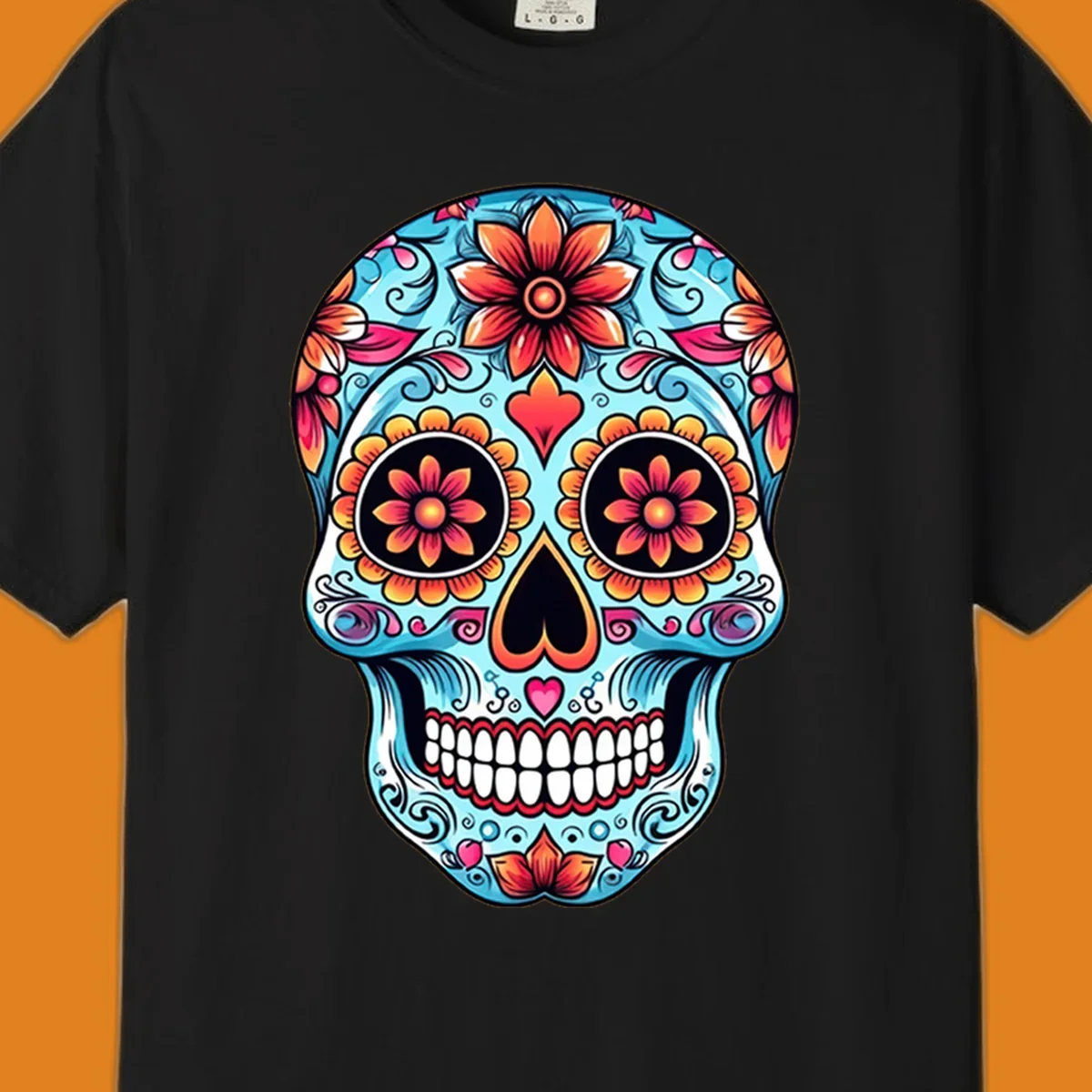 A vibrant blue floral-sugar-skull with orange, pink, and yellow flowers, black eyes, and white teeth.