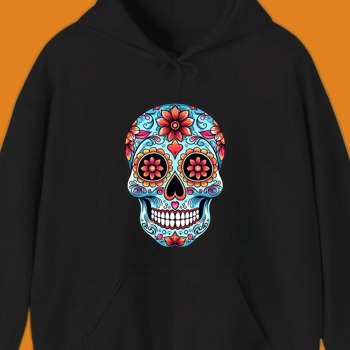 A vibrant blue floral-sugar-skull with orange, pink, and yellow flowers, black eyes, and white teeth.