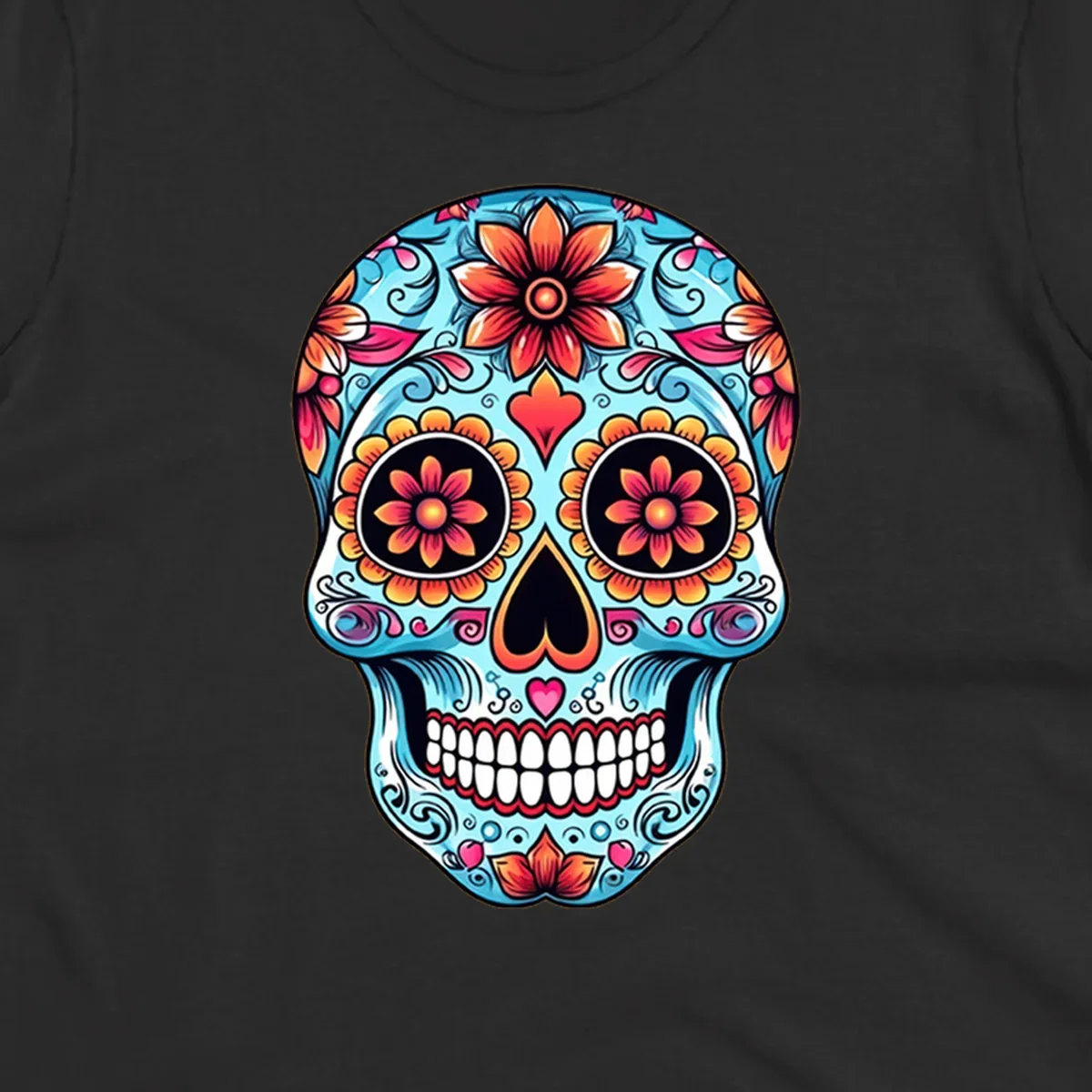 A vibrant blue floral-sugar-skull with orange, pink, and yellow flowers, black eyes, and white teeth.