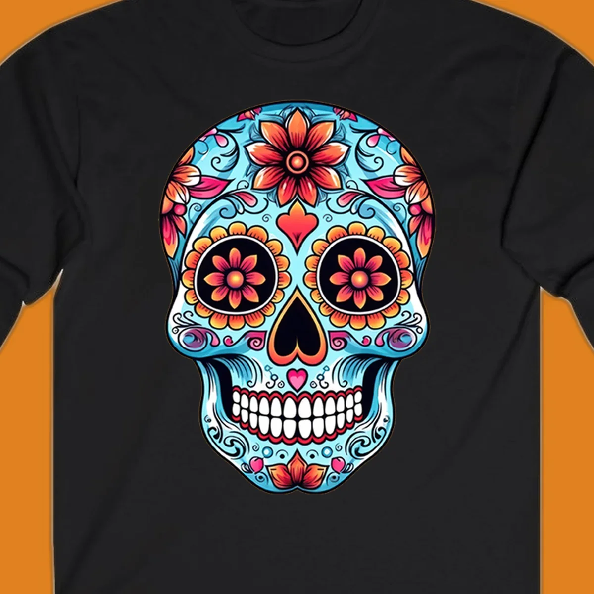 A vibrant blue floral-sugar-skull with orange, pink, and yellow flowers, black eyes, and white teeth.