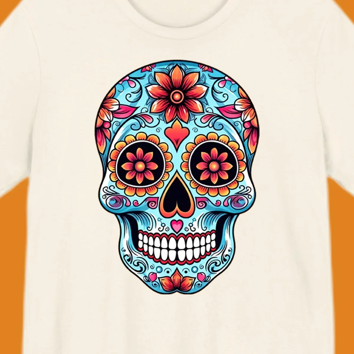 A vibrant blue floral-sugar-skull with orange, pink, and yellow flowers, black eyes, and white teeth.