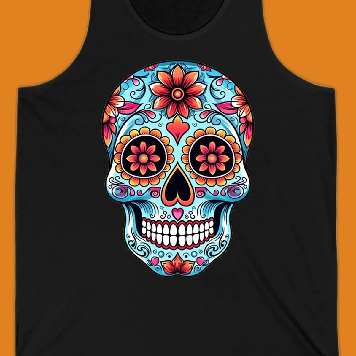 A vibrant blue floral-sugar-skull with orange, pink, and yellow flowers, black eyes, and white teeth.