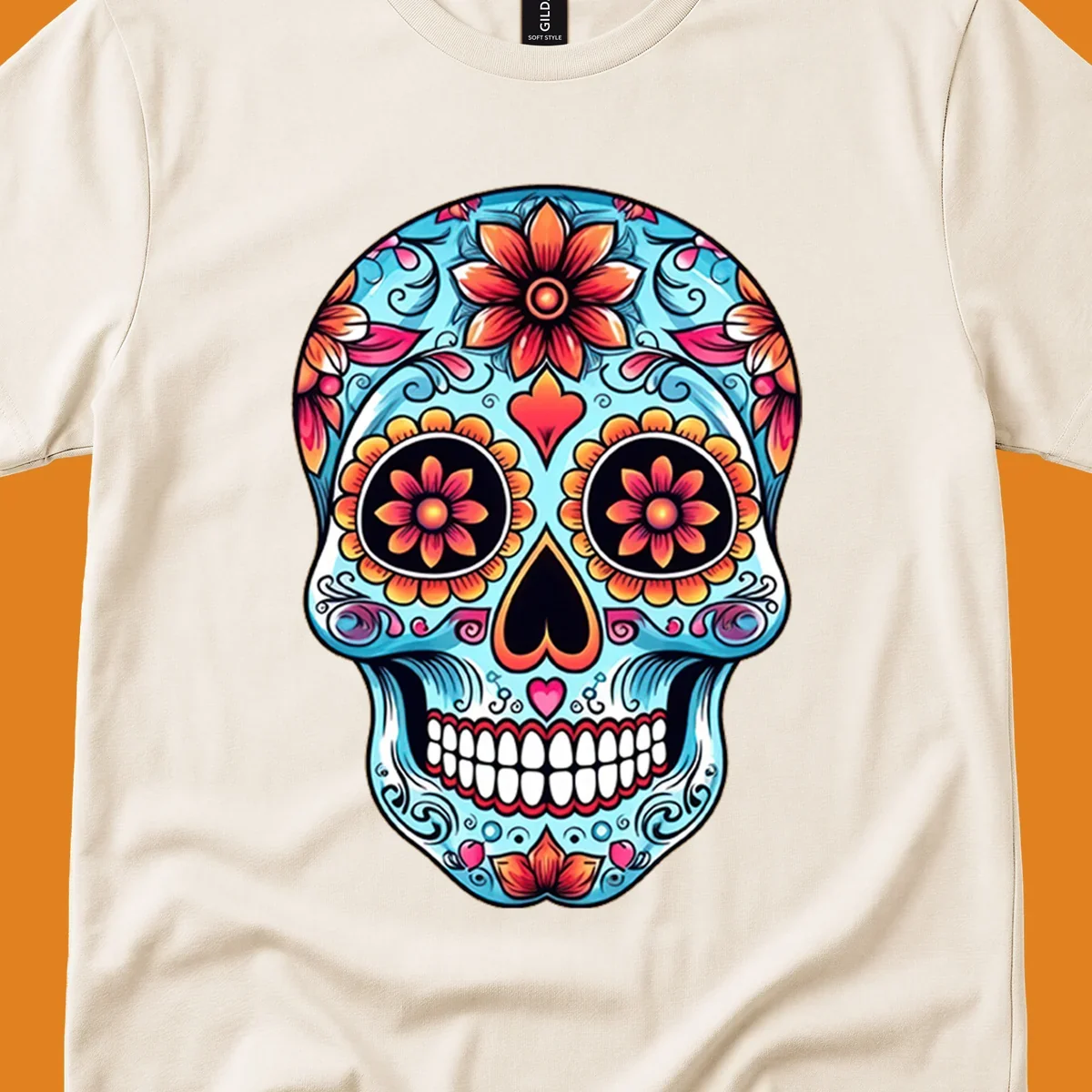 A vibrant blue floral-sugar-skull with orange, pink, and yellow flowers, black eyes, and white teeth.