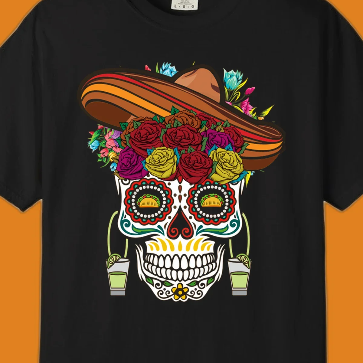 A colorful fiesta calavera sombrero sugar skull design with roses, tacos for eyes, and margarita glasses.