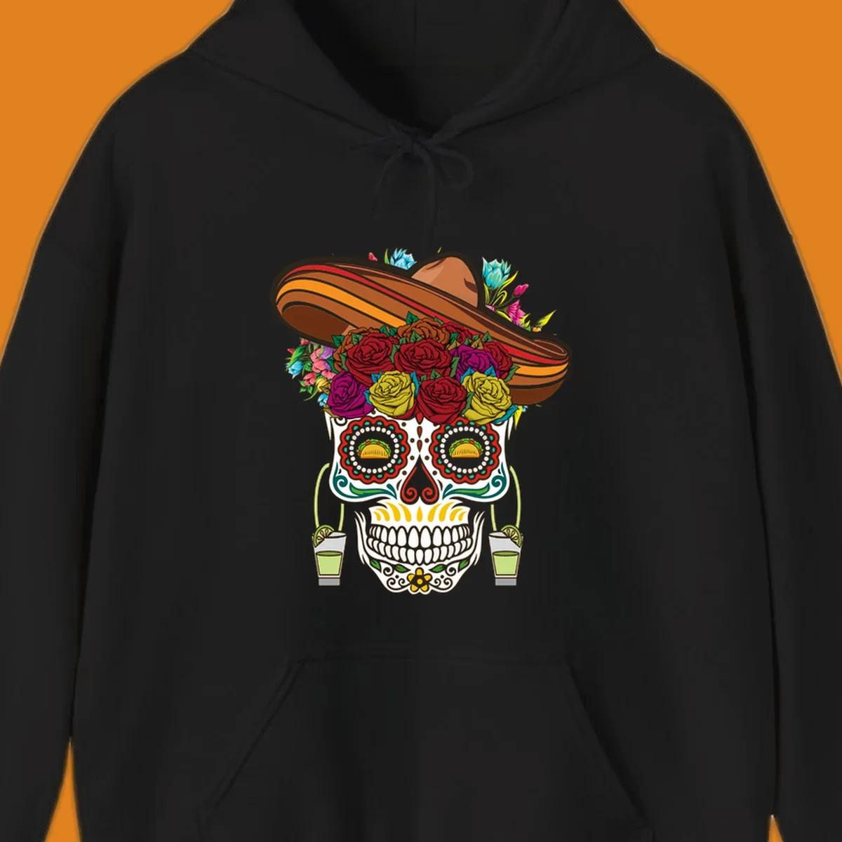 A colorful fiesta calavera sombrero sugar skull design with roses, tacos for eyes, and margarita glasses.