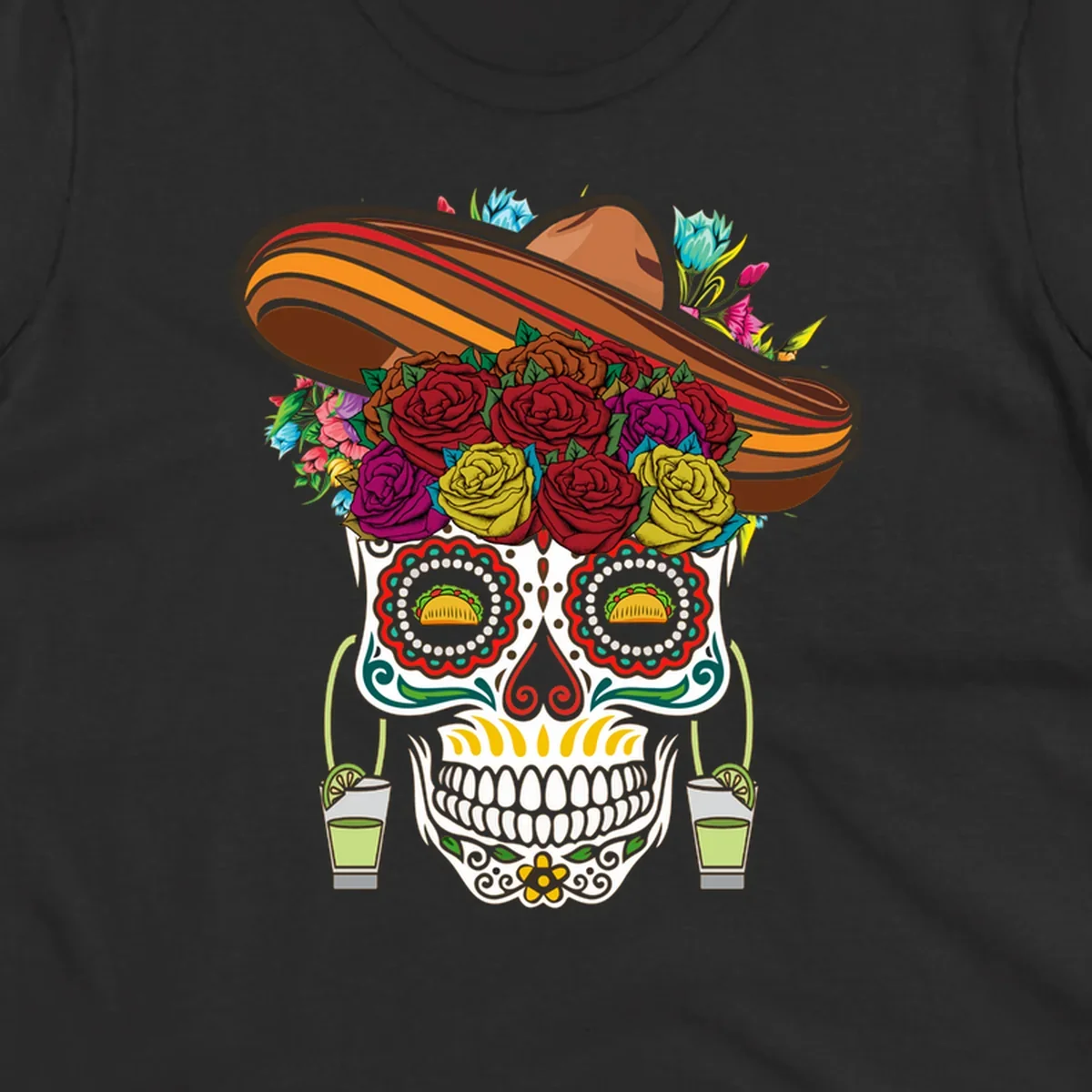 A colorful fiesta calavera sombrero sugar skull design with roses, tacos for eyes, and margarita glasses.