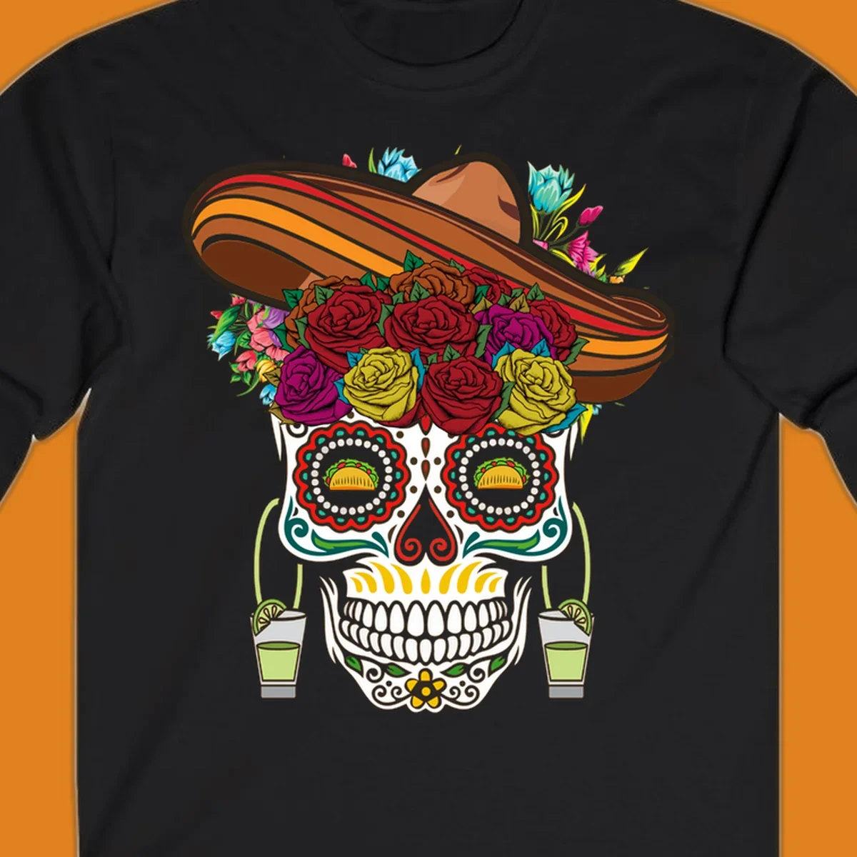 A colorful fiesta calavera sombrero sugar skull design with roses, tacos for eyes, and margarita glasses.
