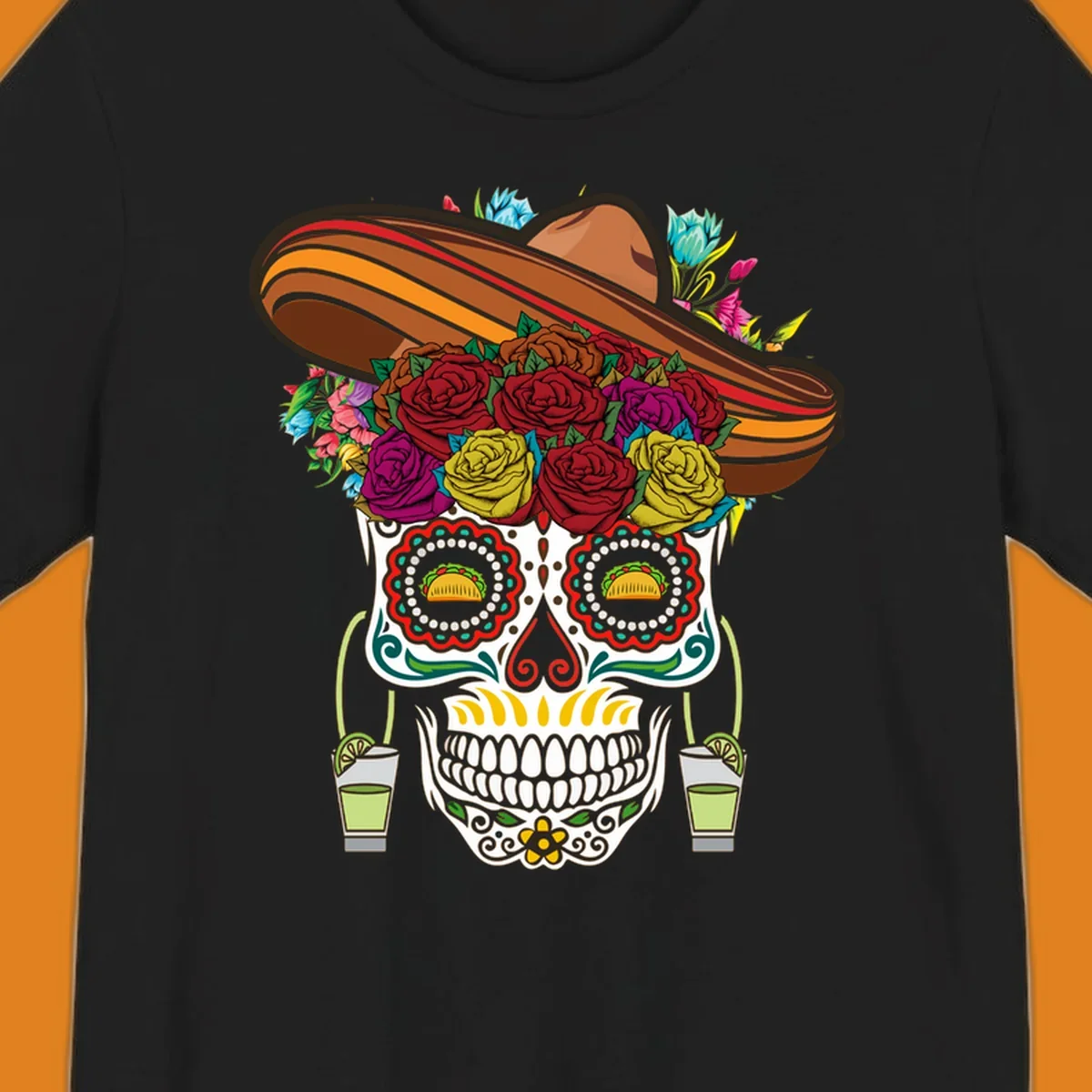A colorful fiesta calavera sombrero sugar skull design with roses, tacos for eyes, and margarita glasses.