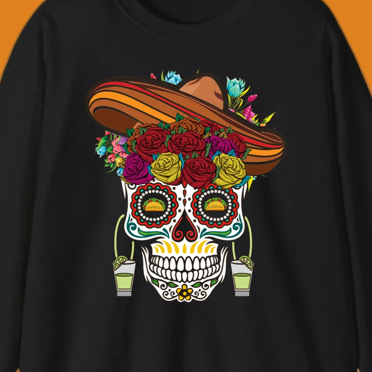 A colorful fiesta calavera sombrero sugar skull design with roses, tacos for eyes, and margarita glasses.